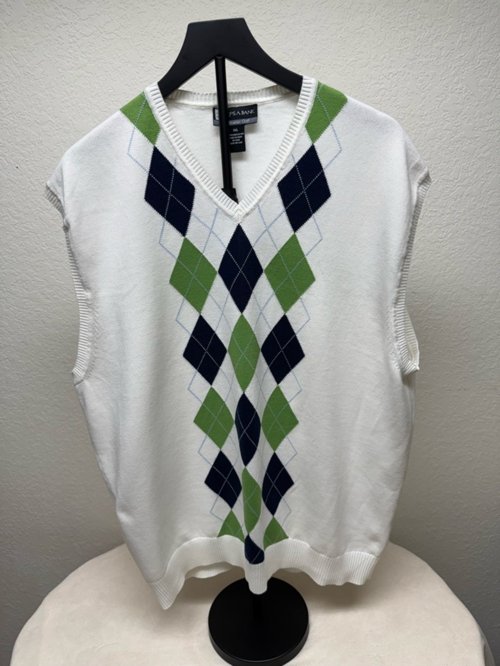 Jos. A. Bank White V-Neck Argyle Sweater Vest with Navy & Green